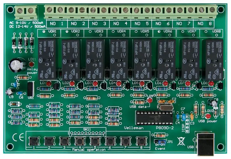 WHADDA 8-Channel USB Relay Card for PC Control