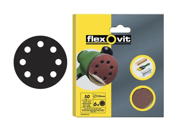 Flexovit Discos de Lija para Hook & Loop 125mm, 180G, Pack de 6