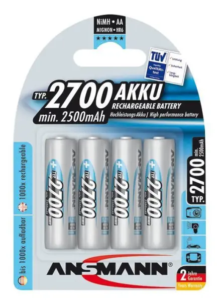 Ansmann NiMH Rechargeable AA Batteries, 2700mAh, 4 Pack