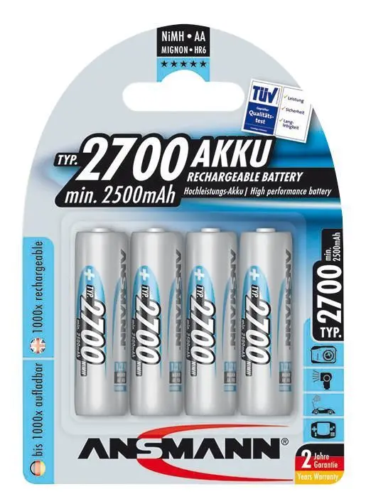 Ansmann - Cadhnraí Athluchtaithe NiMH AA, 2700mAh, Pacáiste 4