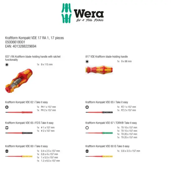 Wera Kraftform Kompakt VDE 17 RA Insulated Screwdriver Set, 17 Pieces, 875 g