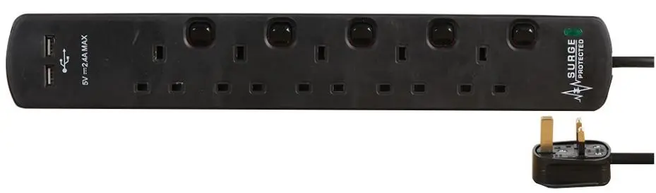PRO ELEC כבל מאריך חשמלי עם 5 שקעים ו-2 יציאות USB, 2 מטר, שחור