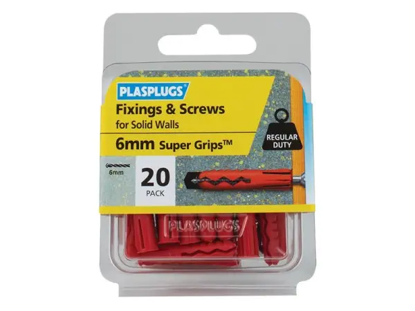 Plasplugs Fixations Super Grips pour murs pleins, Rouge, avec vis, Lot de 20