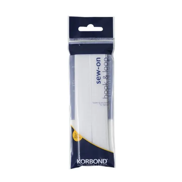 Korbond Hook & Loop Sew On Tape White, 2cm x 50cm