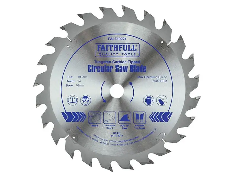 Faithfull TCT Circular Saw Blade 190mm x 16mm, 24T, POS Rake