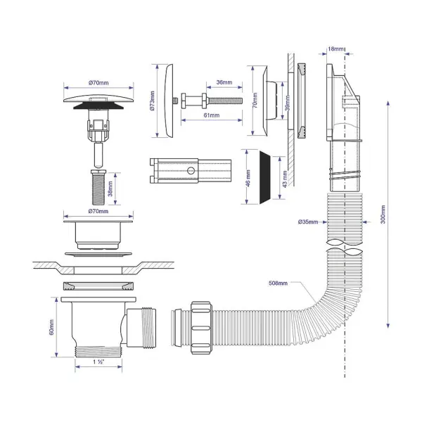 McAlpine Clicker Waste Bath Trap, Chrome Effect, 70 mm, 510 g