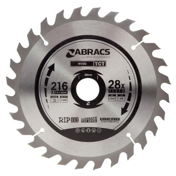 Abracs TCT Circular Saw Blade for Wood 216mm x 30mm, 28 Teeth