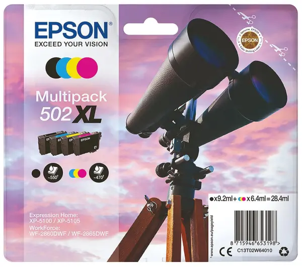 Epson 502XL High Capacity Original Ink Cartridge, 4 Colour Multipack, 124g