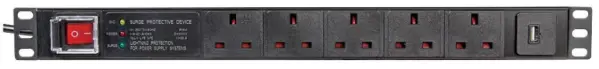 PULSE 5-Way UK + USB PDU with Surge Protection, 19-inch 1U
