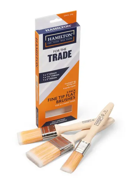 Hamilton Fine Tip Flat Paint Brushes 3 Pack (1, 1.5, 2 Inch)